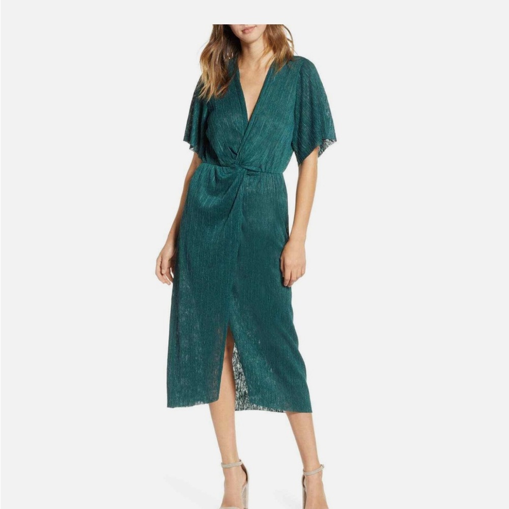 All in Favor Green Wrap Midi Dress with Flutter Sleeves